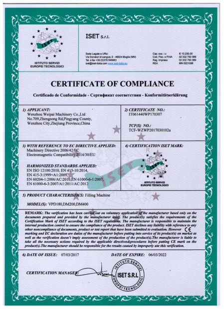 China Wenzhou Weipai Machinery Co.,LTD Certificações